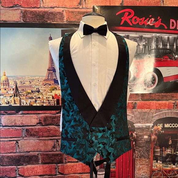 Men's Teal and Black Vest with Bow Tie - Picture 1 of 12
